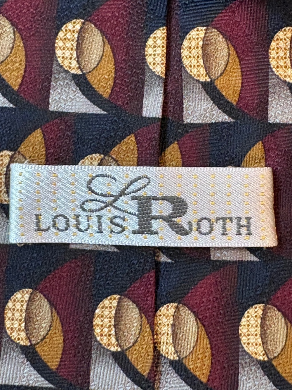 Vintage Louis Roth Silk Geometric Abstract Necktie Maroon Gold Silver